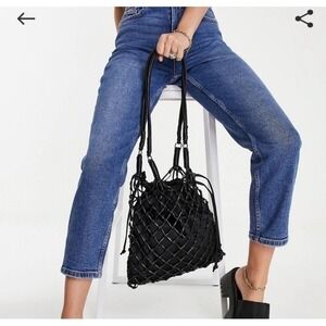 Topshop Woven‎ Shoulder Bag Black Mesh Net Drawstring Boho Tote Purse Women's